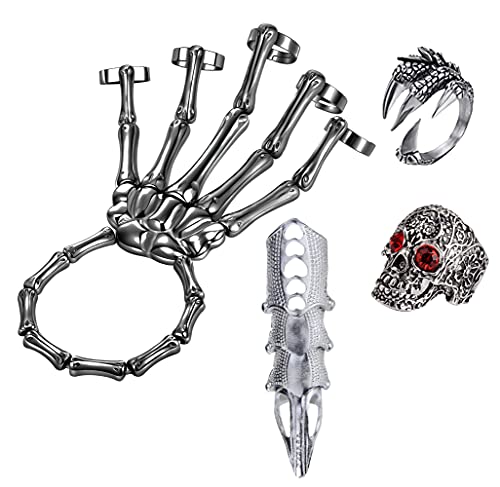 Image of LAKIYOYO 4pcs Halloween Skull Skeleton Hand Bracelet with Ring Punk Wristband Skull Fingers Hand Bracelet Skeleton Ring Hallowmas Gifts Jewelry