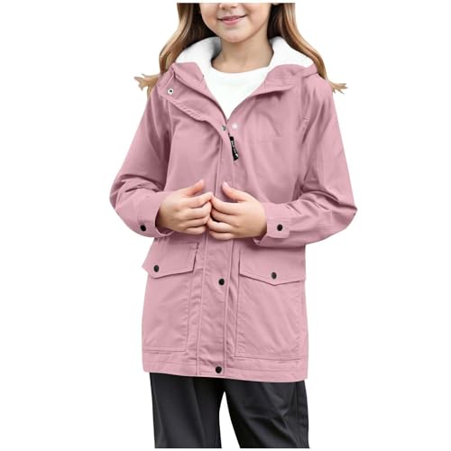 Children's Solid Waterproof Jacket with Fleece Line Big Boys Girls Full Zip Hooded Raincoat Kid Warm Windbreaker2