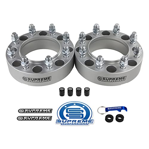 Supreme Suspensions - 2pc Set - Silver - 1.5" Hub Centric Wheel Spacers + Tire Valve Caps for Ford F-250 / F-350 Super Duty & Excursion - BP: 8x170mm / CB: 124.9mm / Studs: M14x1.5