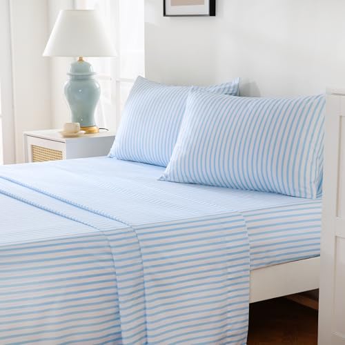 Image of MCO 4Pieces Striped Sheets Set, Breathable King Sheet Set with 16 inch Deep Pocket,Modern & Luxury, Brushed Microfiber Bedding Set(King, Blue Simple)