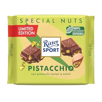 RITTER SPORT Pistacchio, Tavoletta di Cioccolato al Latte con Pistacchi Tostati e Salati, Cacao 100% Certificato Sostenibile, 100g