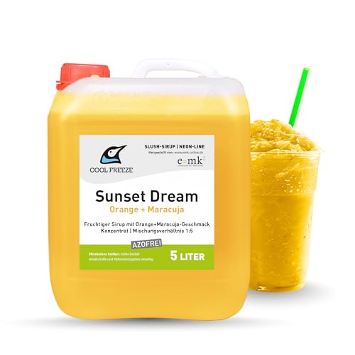 Slush-Sirup Eis Sunset Dream (Orange-Maracuja) | Konzentrat 5 L | Azo und Glycerin Frei | Slushy Eis selber machen | Slushmaschine Konzentrat 1:5, Perfekt für Ninja Slushy Maschine | Premium Qualität