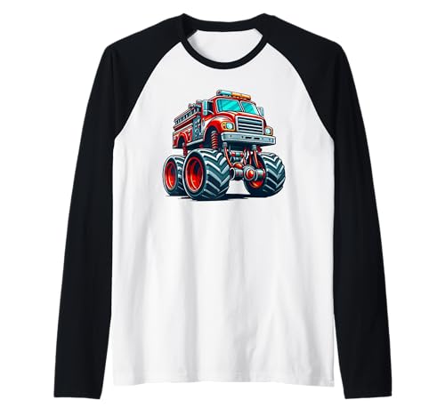 Big Wheels Fire Truck Firefighter Kids Boys Monster Truck Camiseta Manga Raglan