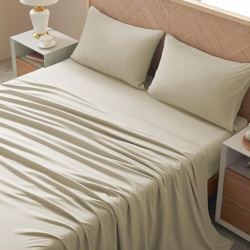 Image of Queen Size 4 Piece Sheet Set - Comfy Breathable & Cooling Bed Sheets Set, Soft and Wrinkle Free, Deep Pockets, Easy & Secure Fit, Hotel Luxury Bedding - Oeko-Tex - Beige