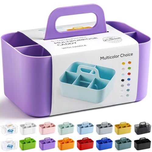 Multiuse Caddy Organizer with Handle Portable Divided Plastic Tote Bin - Art Craft Stationary Pen Marker Crayon Makeup Hair Supplies Storage - Bathroom Classroom Dorm Office Desk Holder -Purple