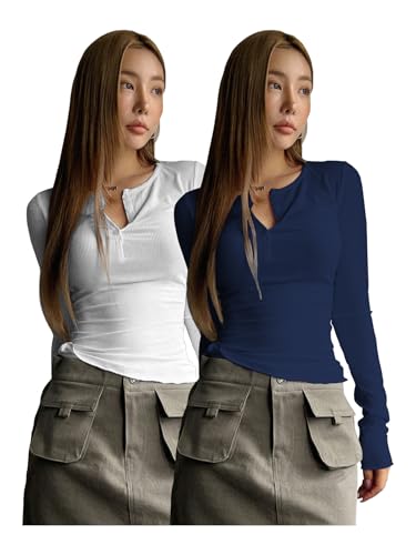Image of Shasmi Women's & Girl's Long Sleeve Round Neck Solid Color Ruched Workwear Casual Top Half Button Down Henley T-Shirt for Women (Top 128)