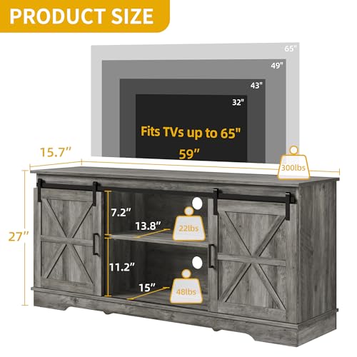 DWVO TV Stand for TVs up to 65 Inch, Farmhouse Entertainment Center with Storage Cabinets and Sliding Barn Doors, Rustic Media TV Console Table for Living Room, Grey