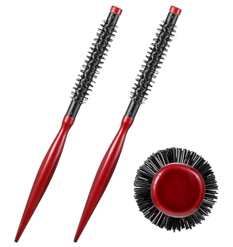 Juego de 2 cepillos redondos pequeños, cepillos redondos de madera resistentes al calor con casquillo de aluminio, cerdas compactas de nailon para rizos, alisar la barba, pasaporte de viaje