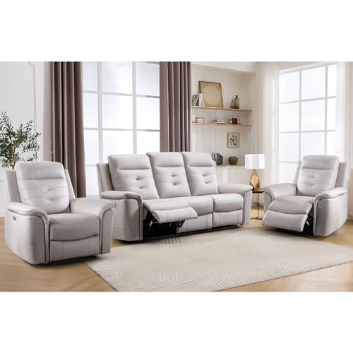 Image of ANJ 3-Piece Faux Leather Power Recliner Sofa Set with USB Charging Ports, Include 2 Single Large Recliner Chairs and a 3-Seater Reclining for Living Room, Beige