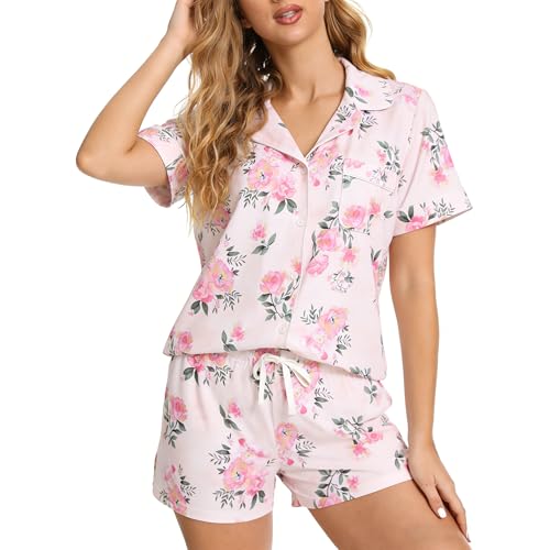 Image of LYCY Womens Pajamas Set Floral Print, Soft Pajamas for Women Shorts Set, Summer Button Down 2 piece Women Pjs