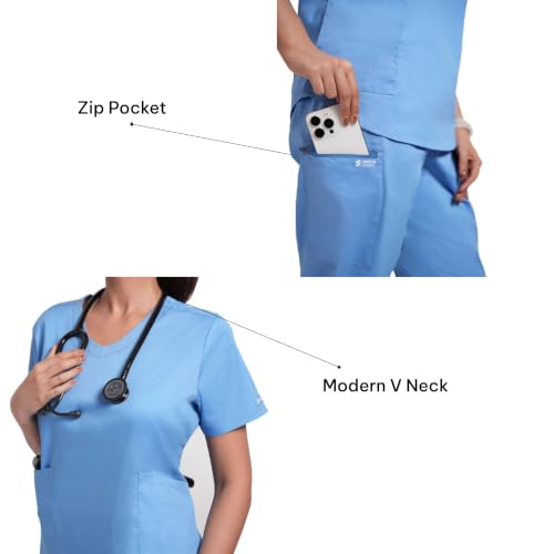 Image of Lite V-Neck 6-Pocket Women's Cotton ScrubSuit | Moisture-Wicking, Anti-Stain & Odor Protection | Classic Fit Top & Pant | All-Day Comfort for Doctors & Students Ceil Blue (L)