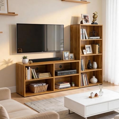 Image of ABOUT SPACE TV Unit for Living Room - TV Stand with 3 Fabric Foldable Drawer Storage Organizer Engineered Wood TV Table, Open Display Shelves for Soundbar, Decor (Teak Color- L 120 x B 31 x H 60 cm)