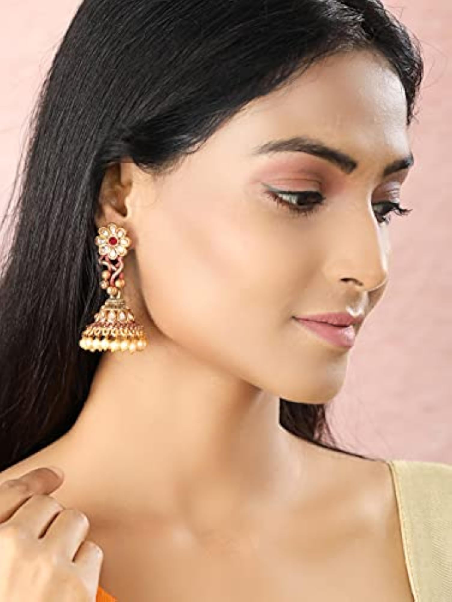 Kundan Beads Plated Floral Jhumka Earring