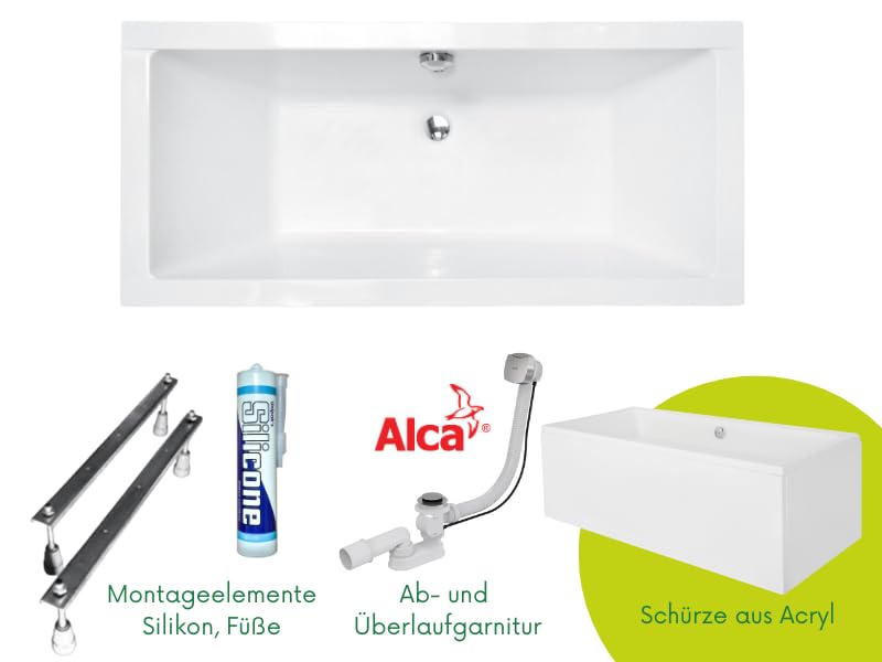 ECOLAM Badewanne Wanne Rechteck Quadro Design Acryl weiß 190x90 cm + Schürze Ablaufgarnitur Ab- und Überlauf Automatik Füße Silikon Komplett-Set, Rechteckbadewanne für zwei – Bild 5