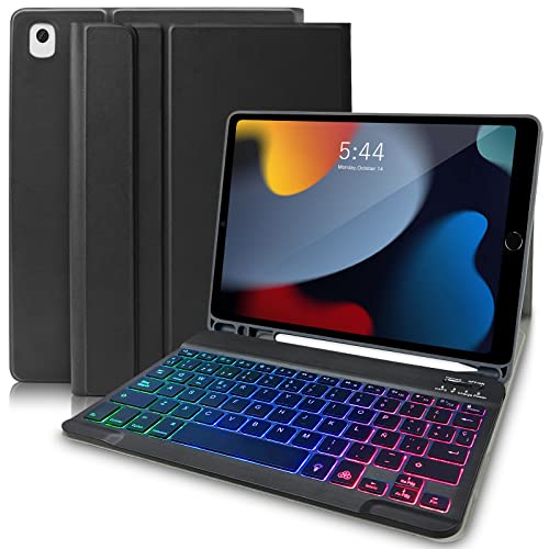 YUEJIDZ Funda Protectora con Teclado Retroiluminado para iPad 10.2 9ª Gen 2021/8ª Gen 2020/7ª Gen 2019, Español Ñ, Teclado Inalámbrico Desmontable para iPad Air 3, iPad Pro 10.5 Negro