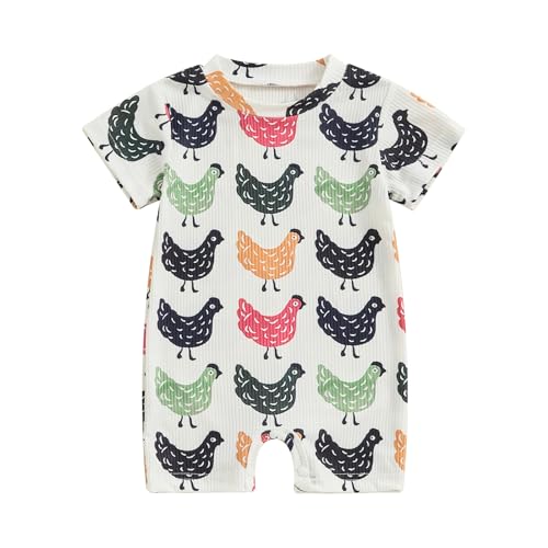 Image of SAYOO Toddler Baby Boy Girls Farm Clothes Western Farm Animals Chicken/Cow Print Romper Newborn Jumpsuit Country Stuff (Chicken Green, 3-6 Months)