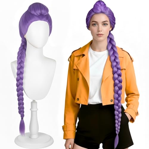 Long Purple Cosplay Wig with Braid Ponytails, Anime Aldult Cosplay Costume for Women Halloween Party Costume