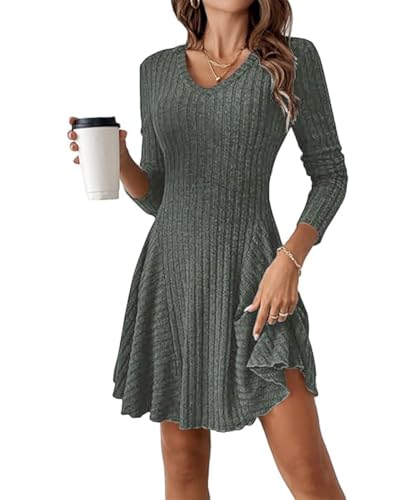 GUCURIN Vestido de Punto Mujer Manga Larga Cuello en V Suéter A-Line Casual Vestidos Otoño Invierno Mujer, Verde Oscuro, XL