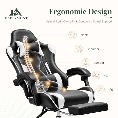 Image of Computer Gaming Chair - Ergonomic High Back PU Leather Video Racing Chair with Adjustable Headrest & Footrest, Linkage Armrest, for Office and Home, White