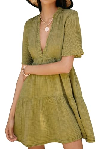 R.Vivimos Womens Summer Cotton Flowy Mini Dress V Neck Short Sleeve Boho Ruffle Tiered Casual Loose Tunic Dress (Small, OliveGreen)