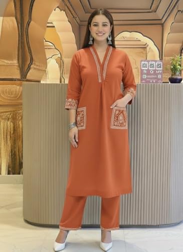 Image of SHEINZY Women's Embroidered Kurta Set with Pants | 3 /4 Sleeve V-Neck Kurti with Floral Thread Work | Ethnic Indian Wear for Casual & Festive Occasions | Comfortable Co-ord