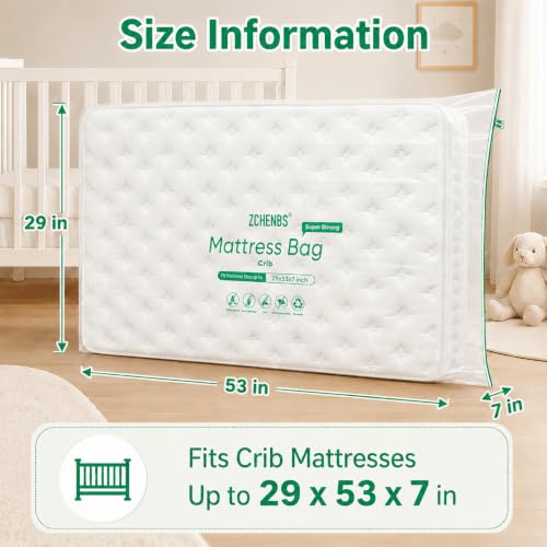 Image of ZCHENBS - Crib Mattress Bags for Moving, Waterproof Mattress Storage Bag with Zipper, Heavy-Duty 5 Mil Crib Bed Cover Protector Cot Mattress Bag for Moving, Reusable (Transparent /Green, 1 Pack)