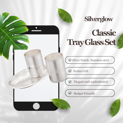 Image of Silverglow Classic Tray Glass Set | Silver Plated Glass Set of 2 with Tray | Juice, Water, Beverages Serving Set | Tableware Set | Perfect Diwali, Office, Wedding Return Gift Item