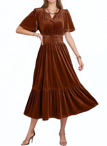 Dokotoo Women's V Neck Short Flared Sleeve Wedding Guest Dress Elastic Waist Tiered Ruffle Hem Velvet Dress