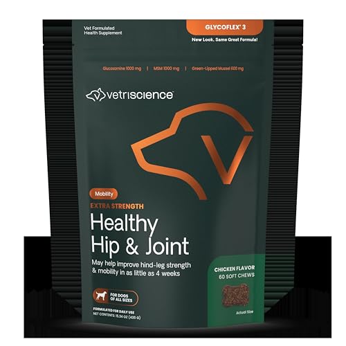 VetriScience Extra Strength Healthy Hip & Joint Chews, GlycoFlex Glucosamine and Green-Lipped Mussel Joint Support Supplement for Dogs, Promote Mobility & Soothe Joint Discomfort, Chicken, 60 Count