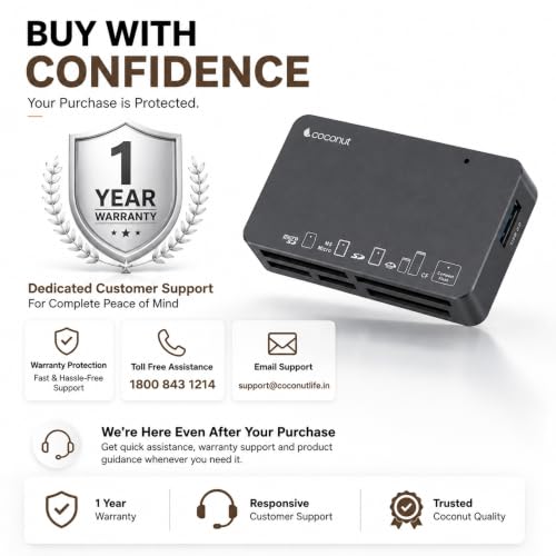Image of Coconut CR11 USB 3.0 Card Reader with Type C 3.1 OTG, 6 in 1 Memory Card Adapter Compact Flash CF, TF, SD, MicroSD, SDHC, SDXC, MS Upto 10 Gbps Speed for Windows & Mac - PC Laptop Mobile - Black | 6 in 1 Memory Card Adapter, Compact Flash CF, TF, SD, MicroSD, SDHC, SDXC, MS, Upto 10 Gbps Speed