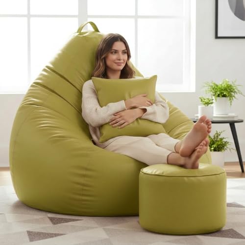 Image of 6XL Jumbo Premium Bean Bag Chair with Footrest & Cushion | Filled with High Density EPS Beans | Comfortable Sofa for Living Room & Bedroom | 6 Months Warranty, Color- (OLIVE GREEN, 6XL, Premium)