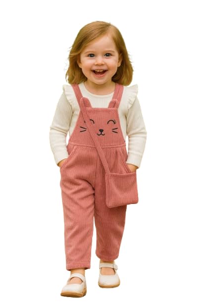 Image of Ninas Baby Girls Solid Cotton Blend Style Top and Dungarees Set with Purse (White & Pink)