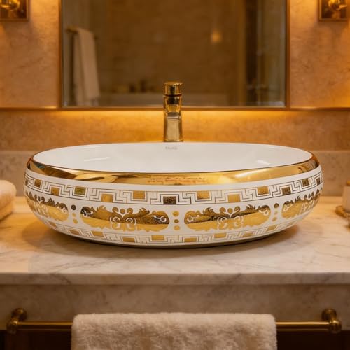 Image of Wallace Luxury Oval Table Top Wash Basin 60x40x15 cm | Royal Baroque Gold Pattern Ceramic Countertop Vessel Sink | Premium Vanity Basin for Bathroom, Hotel & Modern Interiors