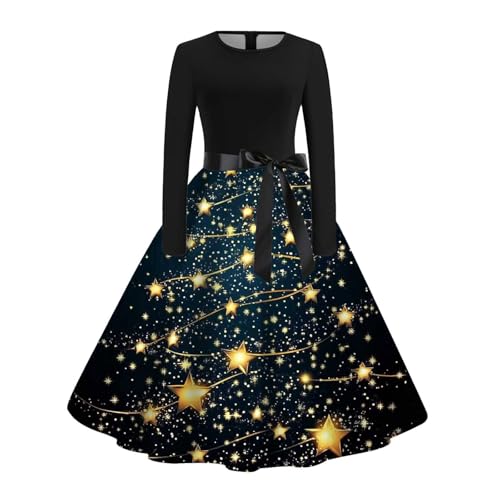 Vestido de Navidad con cuello redondo y manga larga estampado de dos caras para mujer, azul oscuro, XXL