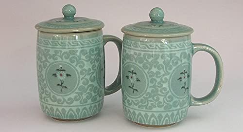 Antique Alive Tabletop 2 Celadon Jade Blue Glaze Chrysanthemum Arabesque Flower Design Personal Green Ceramic Pottery Porcelain Tea Coffee Cup Mug Teacup Lid Gift Set