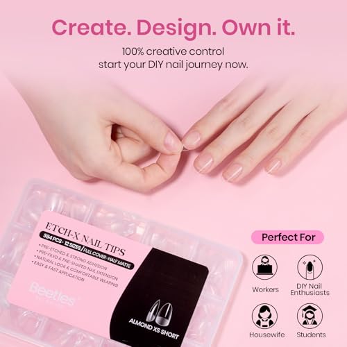 Image of Beetles Gel Nail Tips Etch-X- Almond Extra Short, 384pcs 12 Sizes