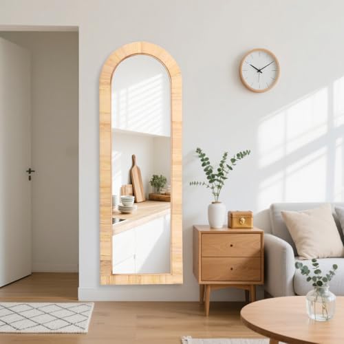Rattan Full Length Mirror,Arch 63X20 Full Body Bathroom Boho Wicker Vanity Coastal Farmhouse Wood Wall Mirror for Nursery Décor Bedroom Entryway Living Room