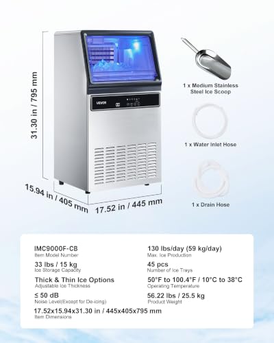 Image of VEVOR Commercial Ice Maker Machine, 120 lbs /24H Ice Production, 19-33 lbs Storage Bin, 45 Cubes per Cycle, Stainless Steel Under Counter & Freestanding Ice Maker with LED Display, Self-Cleaning