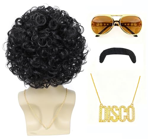 Image of 70s Disco Afro Curly Wig for Men - Short Fluffy Black Synthetic Wig for Halloween, 70s Party, Cosplay, Retro Costume (Black)