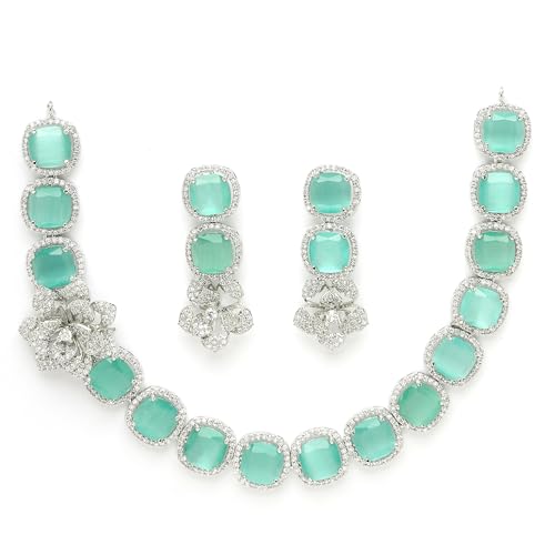 Image of ZENEME Jewellery Set Classic Style Rhodium Plated AD /American Diamond Studded Silver Plated Bejeweled Rose Necklace Jewellery Set for Women & Girls