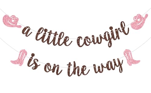 A Little Cowgirl is on The Way Banner, Cowgirl Baby Shower Party Decor, Western Themed Girl Baby Shower Birthday Party Decorations, Brown and Pink Glitter