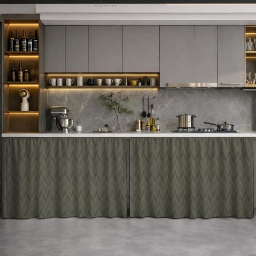 Image of LINENWALAS Under Sink Curtain for Kitchen - Pack of 2 | Herringbone Embossed Design Polyester Under-Sink Cover | Storage-Hiding Curtain with Rod Pocket | Kitchen & Bathroom (132x71 CM, Graphite Grey)