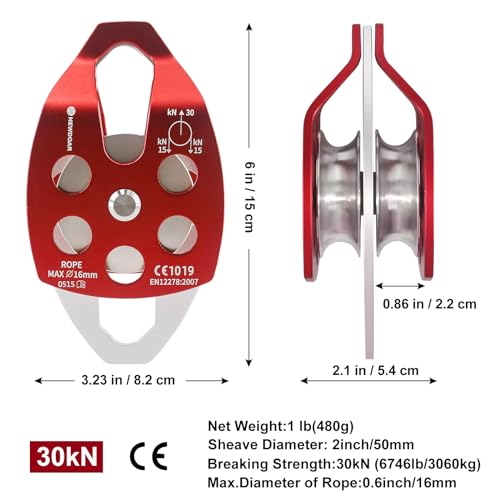 Image of NewDoar 30 KN CE Certified Large Rescue Pulley Single /Double Sheave with Swing Plate