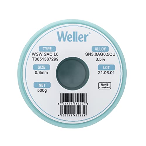 Image of Weller WSW SAC L0 (T0051388399) Lead Free Solder Wire, Dia: 0.3 mm / 0.012 in, Wt: 100 g / 3.527 oz, Alloy Sn96.5Ag3.0Cu0.5, Flux content 3.5%