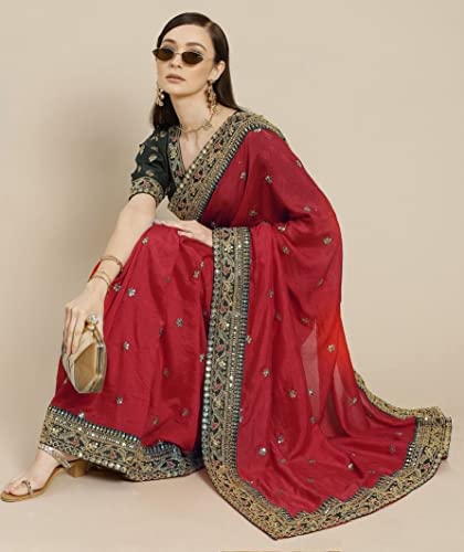 Fashion Basket Women's Georgette Red Saree With Unstitched Blouse (SSFB-SARI2845_Free Size_Maroon)