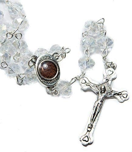 Catholic Rosary White Clear Crystal Beads Necklace with Holy Soil Medal and Metal Cross Communion Rosary Nazareth Store Velvet Gift Bag