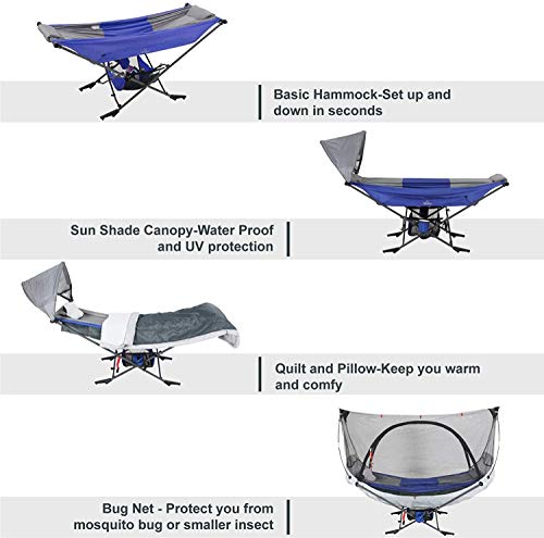Republic Of Durable Goods Portable Hammock With Stand Included Compact Folding Camping Hammock Stand With Shade Canopy,Mosquito Net For Travel Car Camping Mock One Hammock Chair Foldable,Blue #TOP3