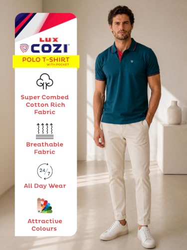 Image of Lux Cozi Men's T-Shirt with Chest Pocket | Polo T-Shirt for Man | Plain Casual Stylish | Half Sleeve| Cotton Blend Collar Polo T-Shirts for Men