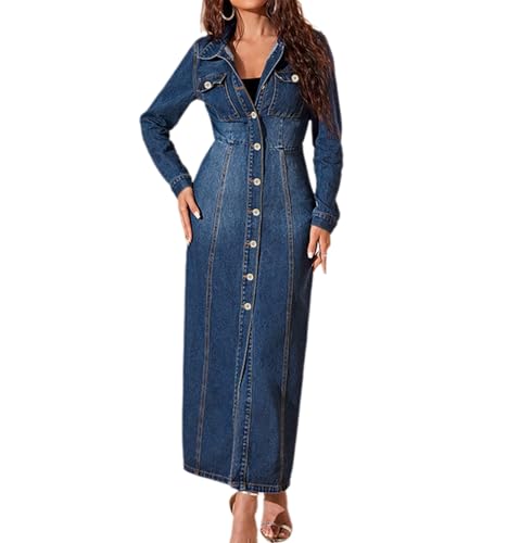 XUSAI Blau,XXL,Maxi-Jeanskleid für Damen, langärmliges Revers-Knopf-Kleid, langes Jeanskleid, lässiger Denim-Trenchcoat für den Herbst