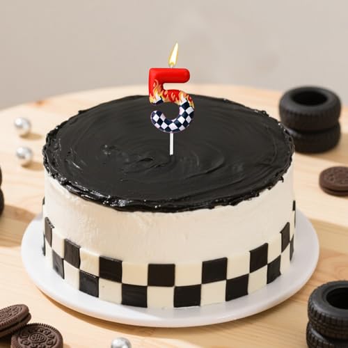 Geburtstagskerzen Zahlen mit Rennwagenmotiv, Schwarz-Weiß Karierte Kerze Rote Zahlenkerzen Rennwagen Partydekoration für Jungen Mädchen Mottoparty Zubehör (Nummer 5)